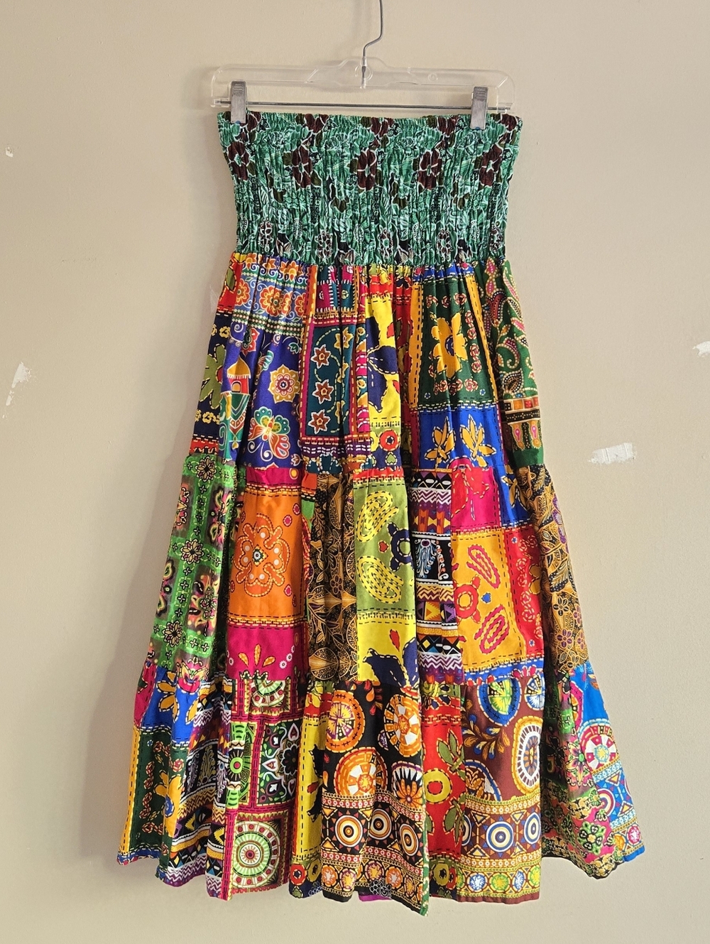 Colorful Multiprint Patchwork Smocked Sleeveless A-line Dress Cotton One Size